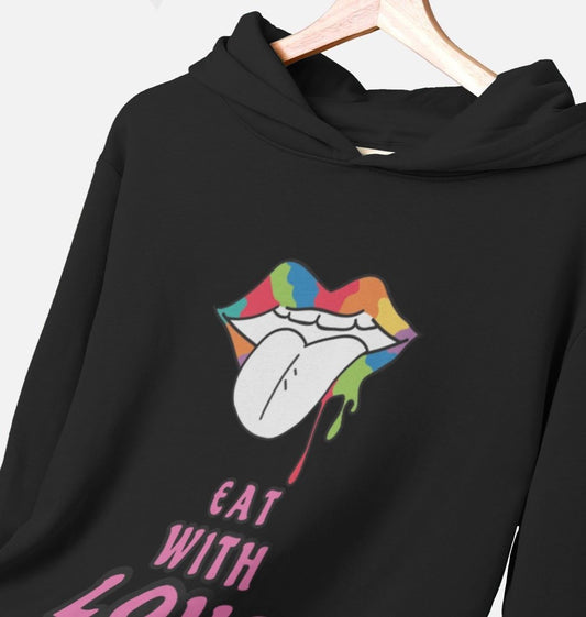 “EAT WITH LOVE” WOMEN’S HOODIE BLACK ORGANIC COTTON